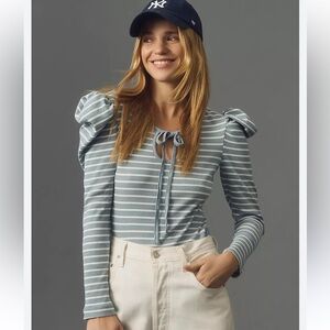 Anthropologie Porridge Striped Puff Sleeve Top Sky Blue XS